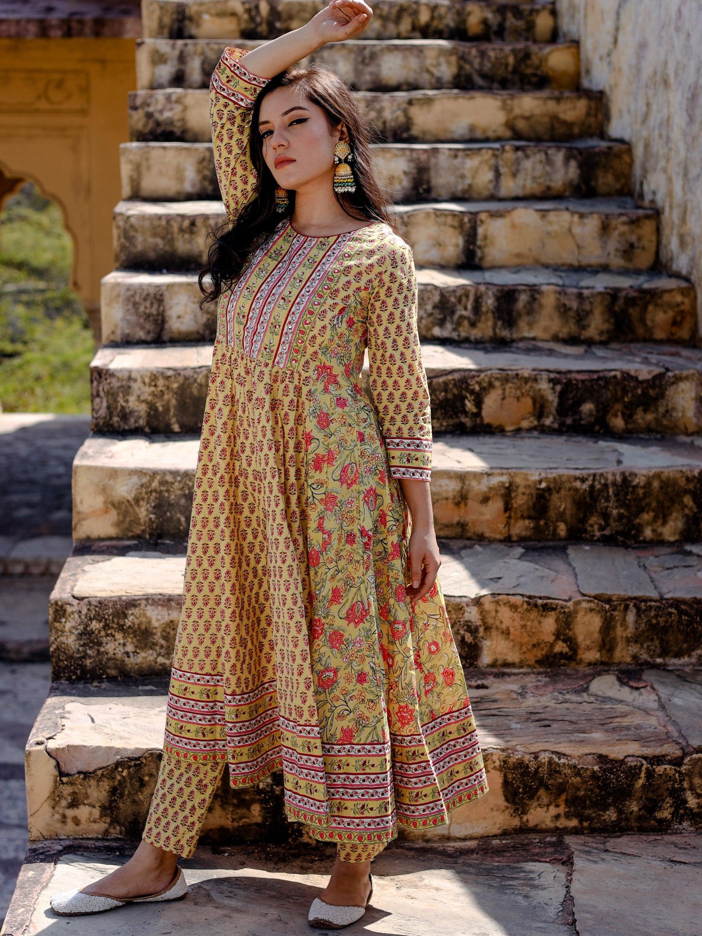 Divena Yellow Cotton Anarkali Kurta pant Set