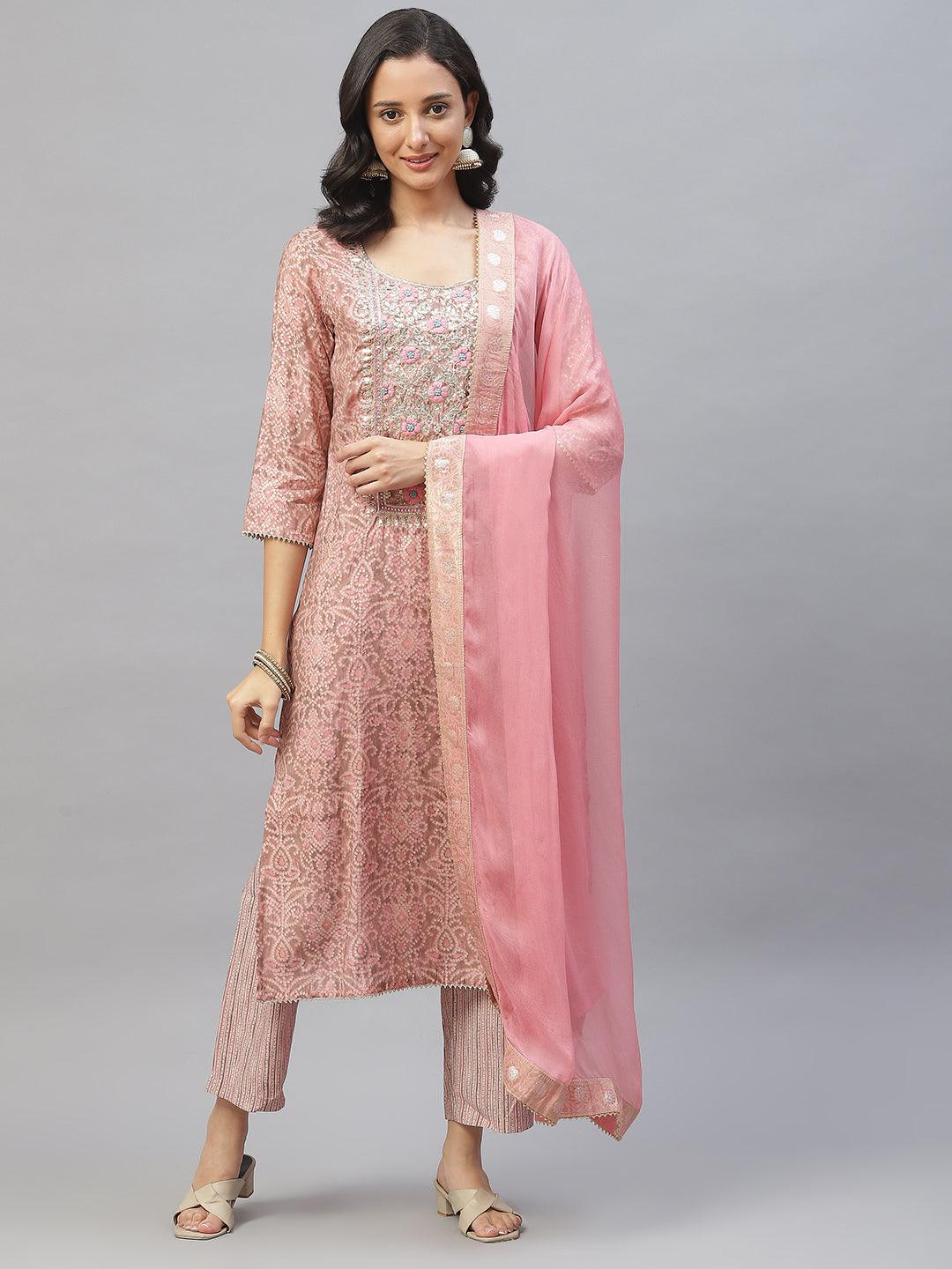 Pink Hand Work Bandhani Printed Muslin Kurta Pant Set For Women with Dupatta