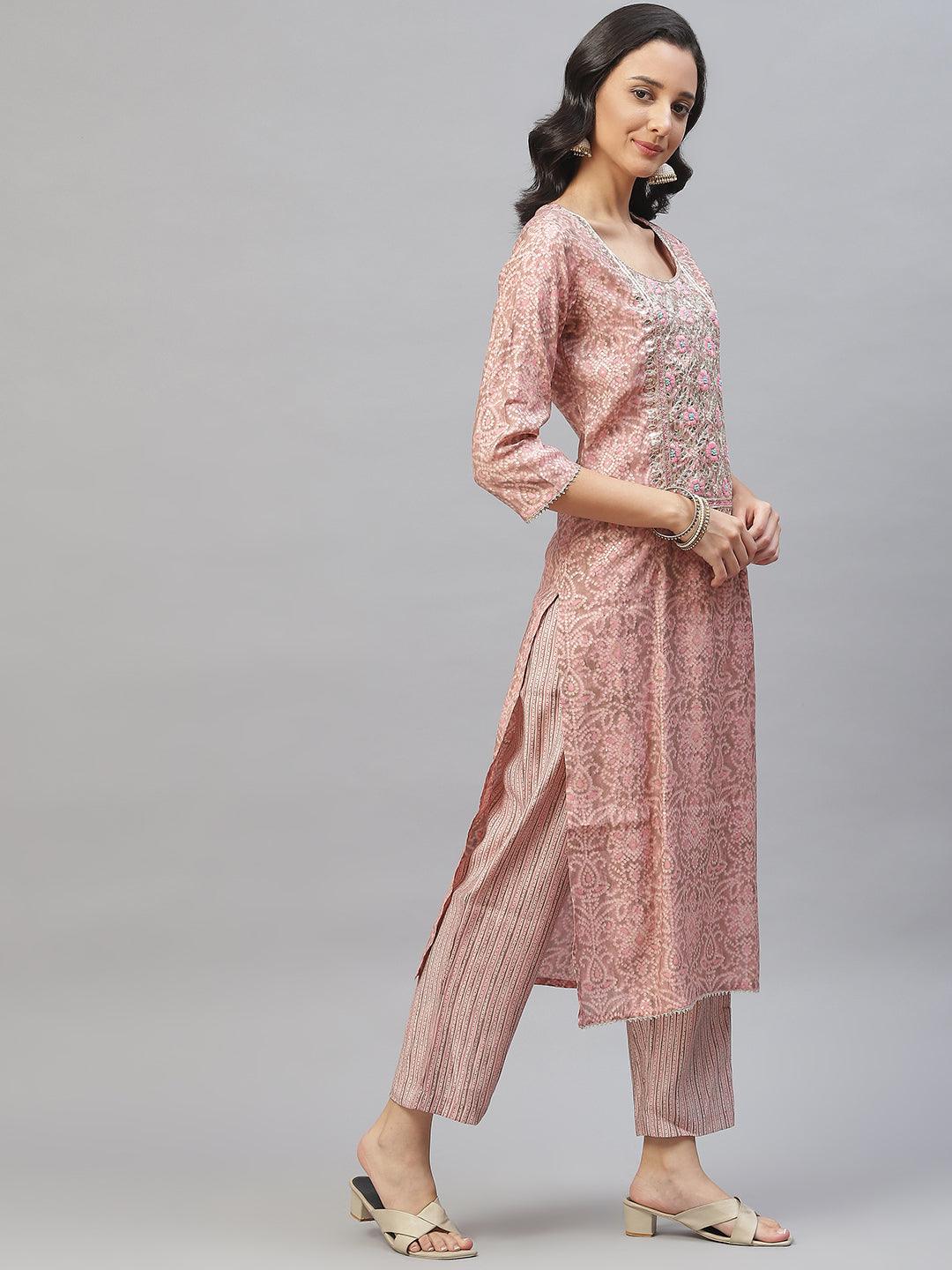 Pink Hand Work Bandhani Printed Muslin Kurta Pant Set For Women with Dupatta