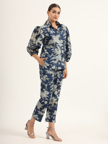 Navy Floral Print Pure Cotton Straight Co-ord Set