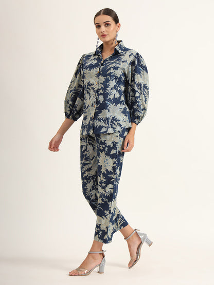 Navy Floral Print Pure Cotton Straight Co-ord Set