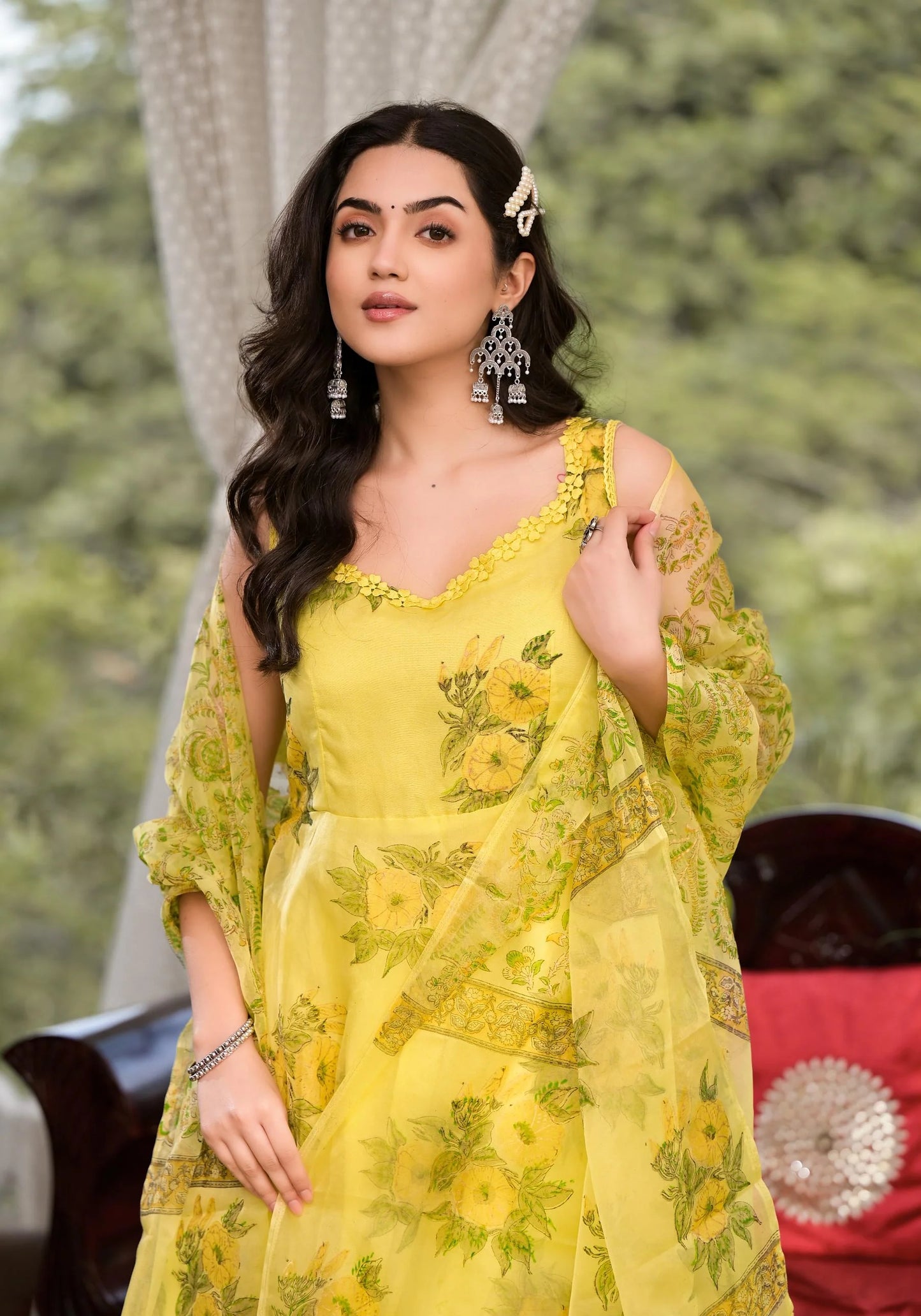 Light Yellow Organza Hand Print Ethnic Anarkali Kurta Set