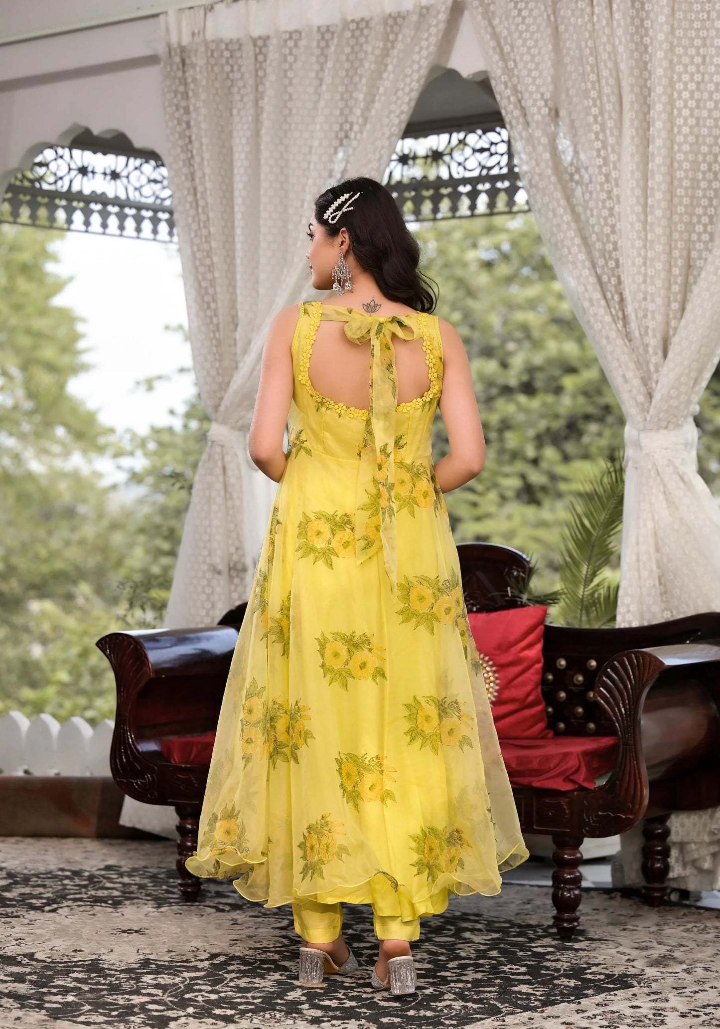 Light Yellow Organza Hand Print Ethnic Anarkali Kurta Set
