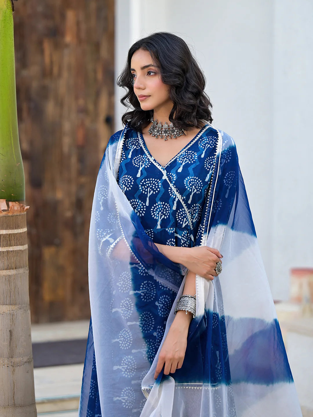 Indigo Blue Cotton Floral Handblock Print Anarkali Ethnic Kurta Sets