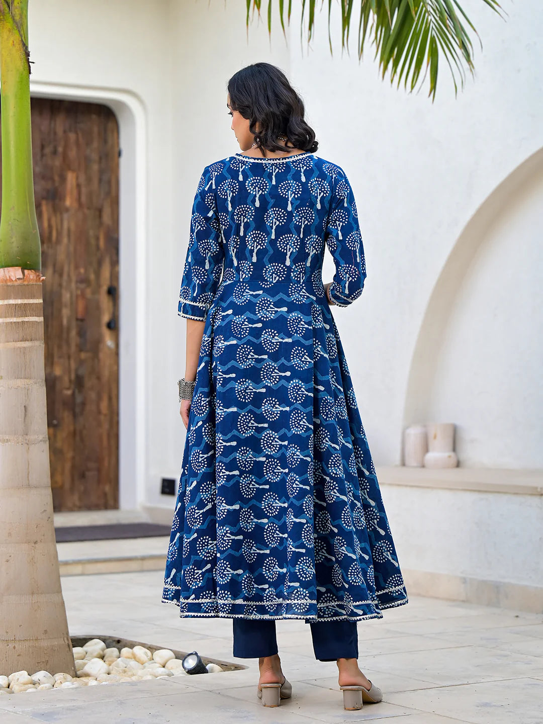 Indigo Blue Cotton Floral Handblock Print Anarkali Ethnic Kurta Sets