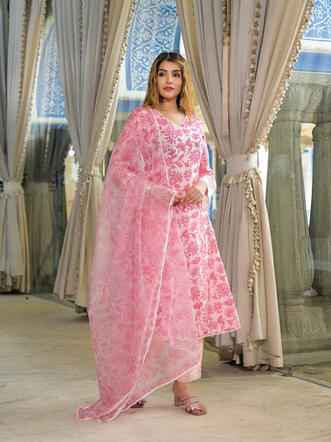 Pink Hand Block Tussar Silk Straight Kurta Pant With Dupatta