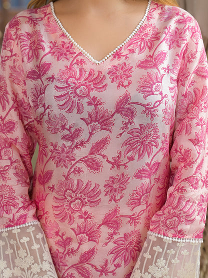 Pink Hand Block Tussar Silk Straight Kurta Pant With Dupatta