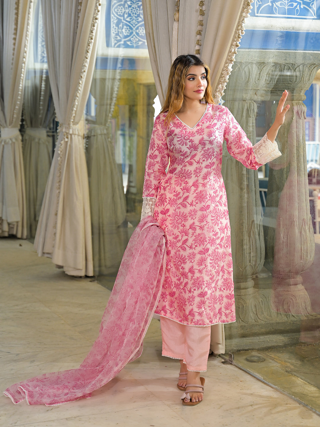 Pink Hand Block Tussar Silk Straight Kurta Pant With Dupatta