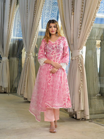 Pink Hand Block Tussar Silk Straight Kurta Pant With Dupatta