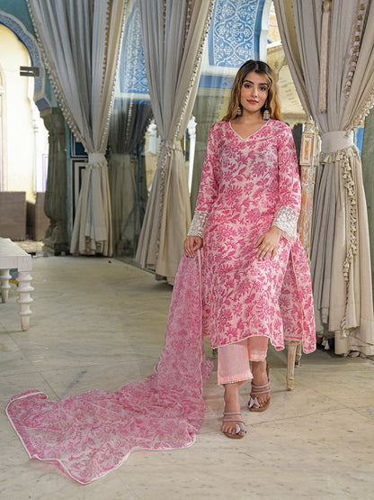 Pink Hand Block Tussar Silk Straight Kurta Pant With Dupatta
