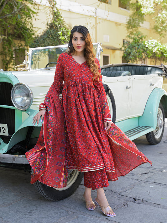 Red Floral Cotton Printed Anarkali Kurta Pant With Dupatta