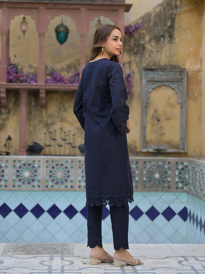 Navy Blue Cotton Straight Fit Lace Border Kurta with Trouser