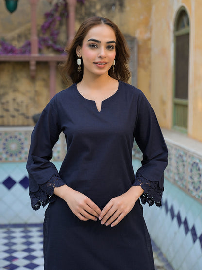 Navy Blue Cotton Straight Fit Lace Border Kurta with Trouser