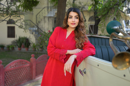 Red Solid Print Cotton Fabric  Shirt Kurta with Trouser