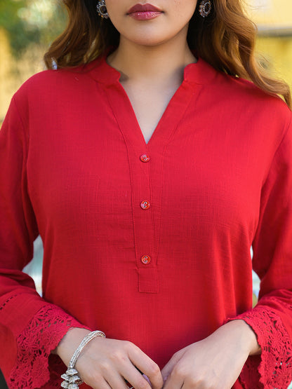 Red Solid Print Cotton Fabric  Shirt Kurta with Trouser