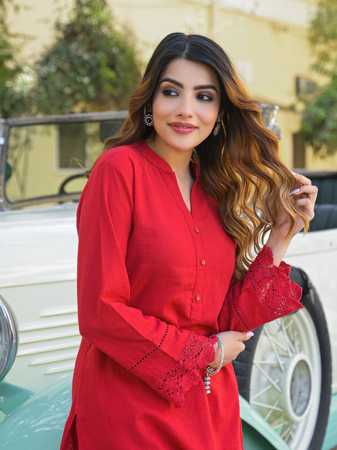Red Solid Print Cotton Fabric  Shirt Kurta with Trouser