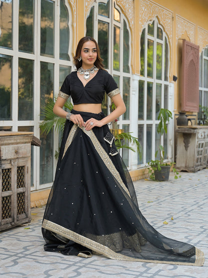 Black Solid Organza Lehenga with Choli and Dupatta