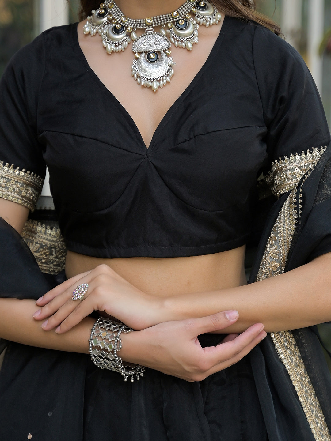 Black Solid Organza Lehenga with Choli and Dupatta