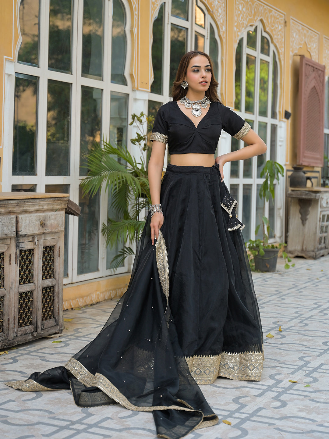 Black Solid Organza Lehenga with Choli and Dupatta