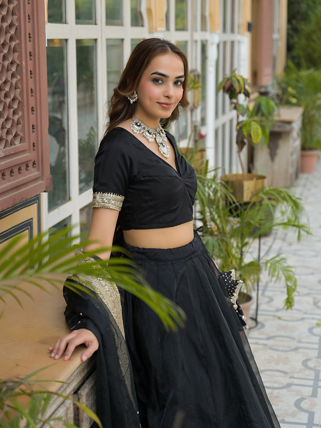 Black Solid Organza Lehenga with Choli and Dupatta