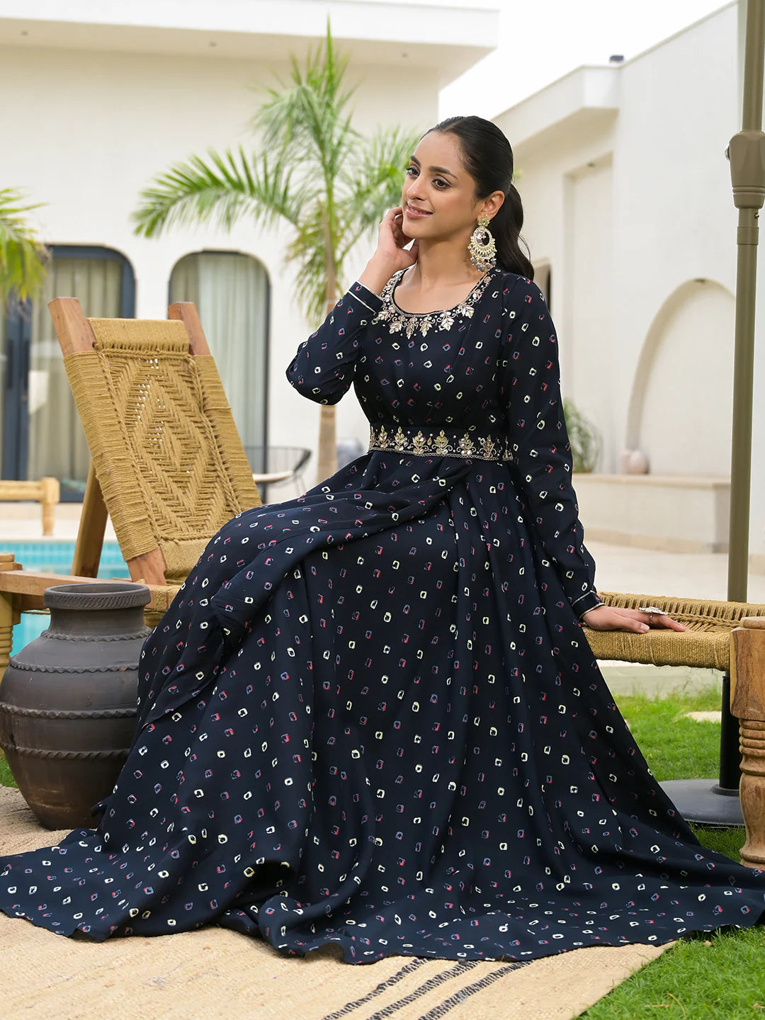 Navy Blue Bandhani Print Anarkali Ethnic Long Dress