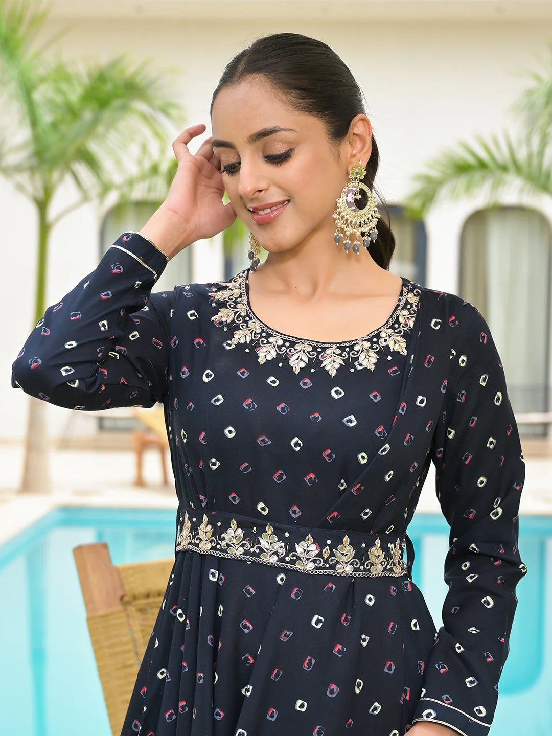 Navy Blue Bandhani Print Anarkali Ethnic Long Dress