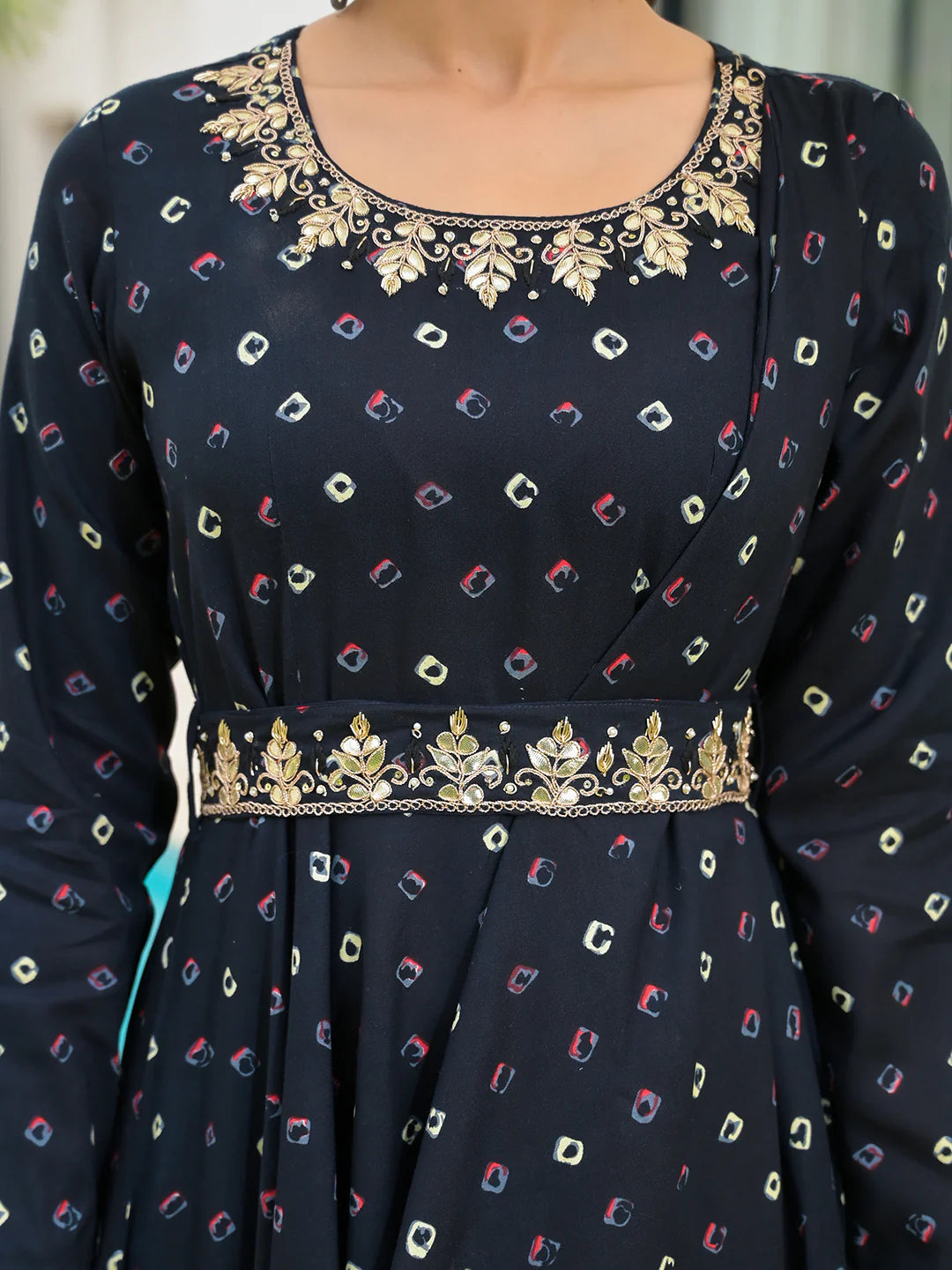 Navy Blue Bandhani Print Anarkali Ethnic Long Dress