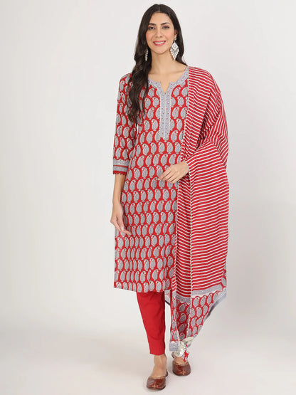 Maroon Cotton Paisley Print Ethnic Straight Kurta Set
