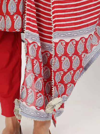 Maroon Cotton Paisley Print Ethnic Straight Kurta Set
