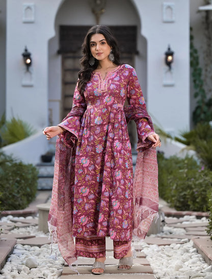 Magenta Cotton Hand Printed Ethnic Straight Kurta Set