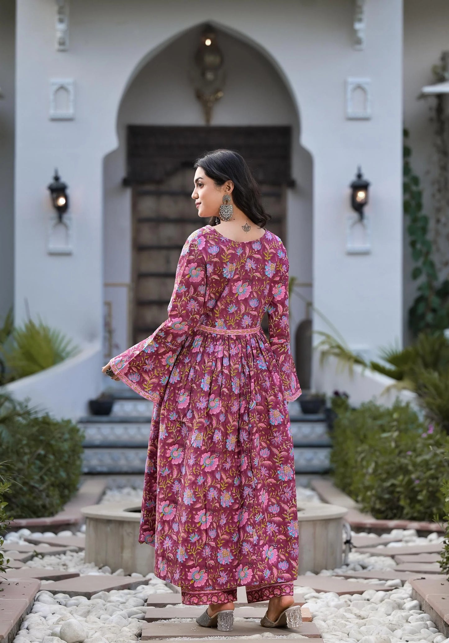 Magenta Cotton Hand Printed Ethnic Straight Kurta Set