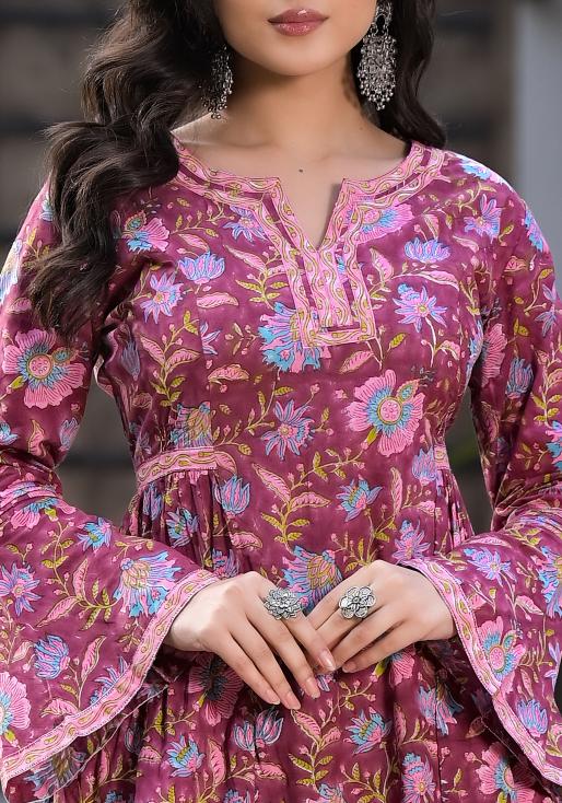 Magenta Cotton Hand Printed Ethnic Straight Kurta Set