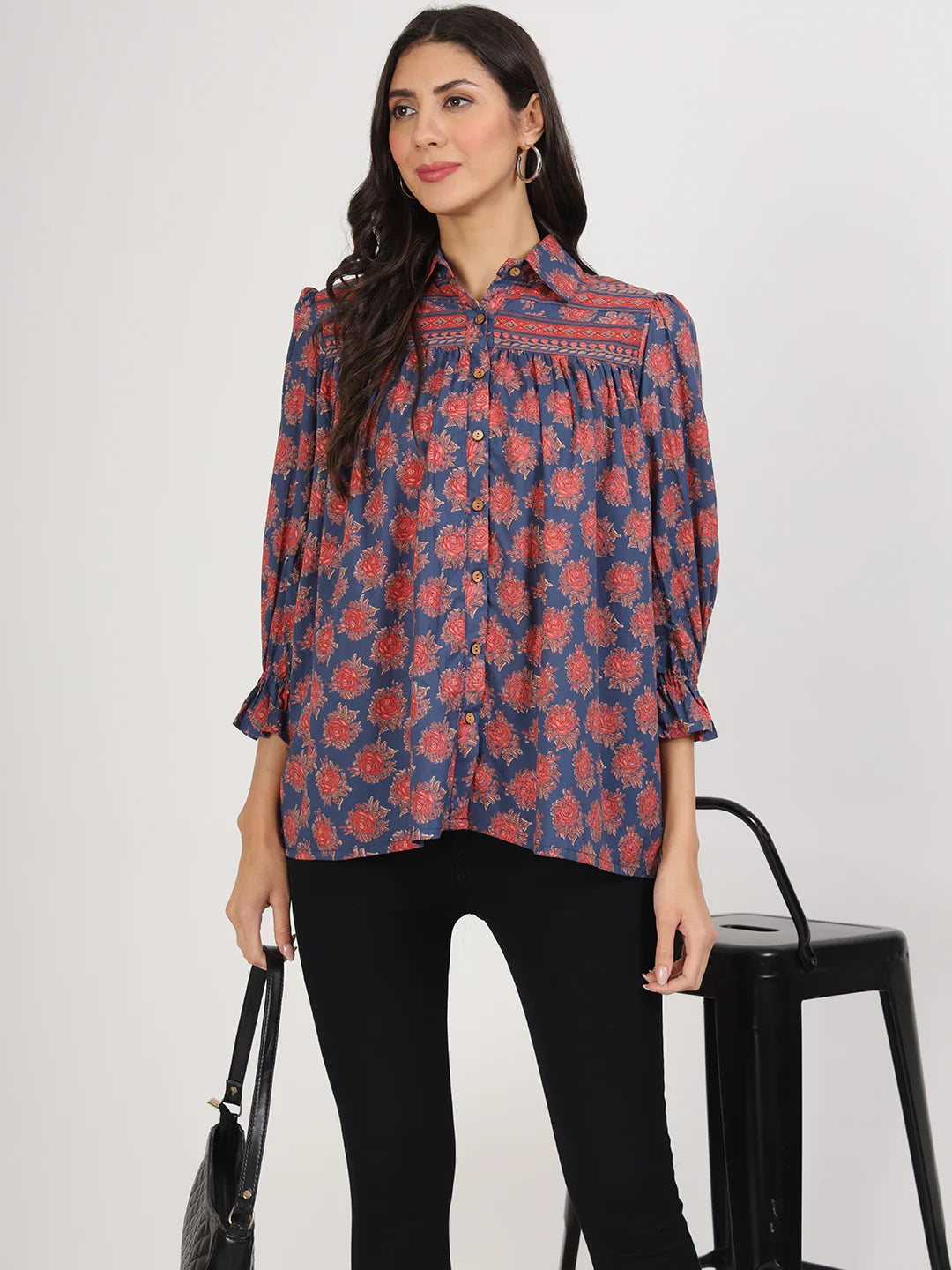 Navy Blue Cotton Ethnic Motif Print Top