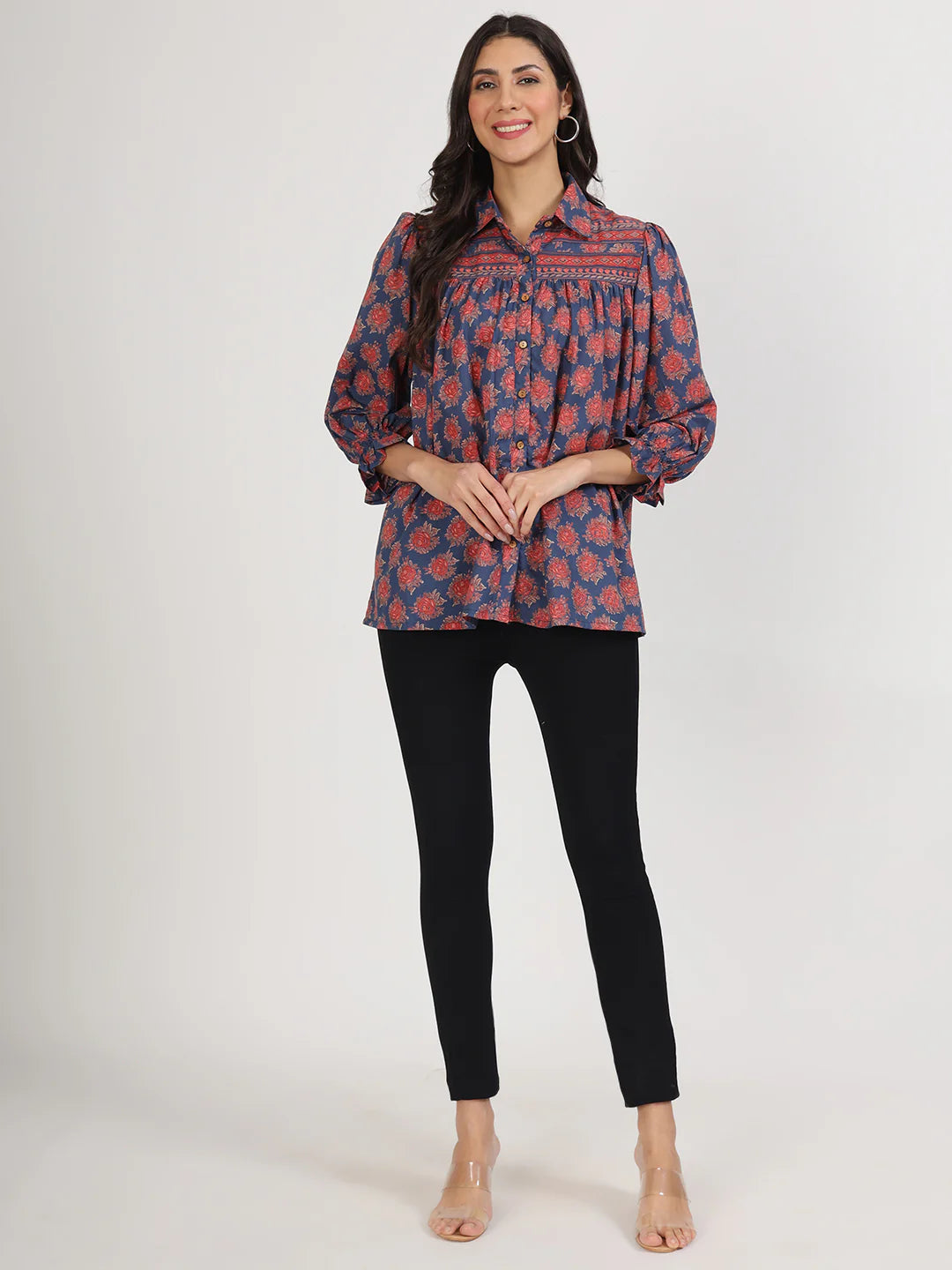 Navy Blue Cotton Ethnic Motif Print Top