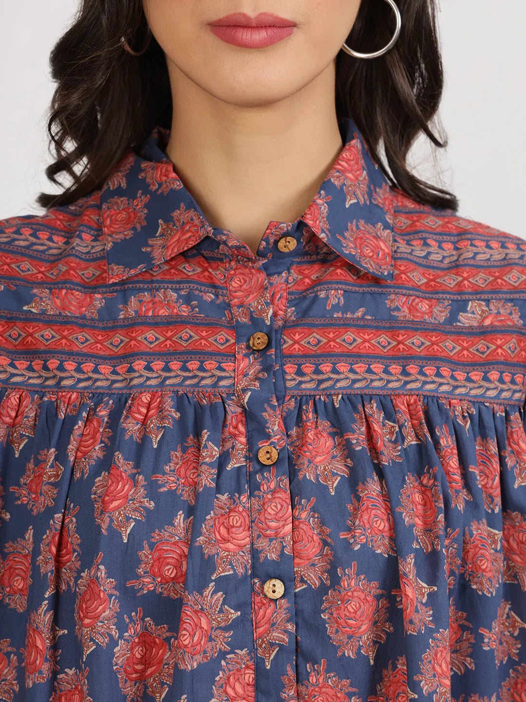 Navy Blue Cotton Ethnic Motif Print Top