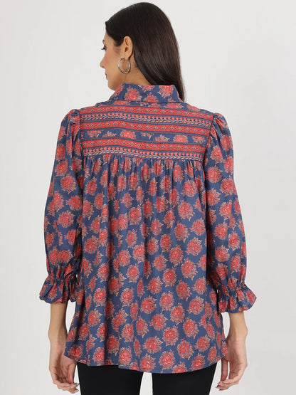 Navy Blue Cotton Ethnic Motif Print Top