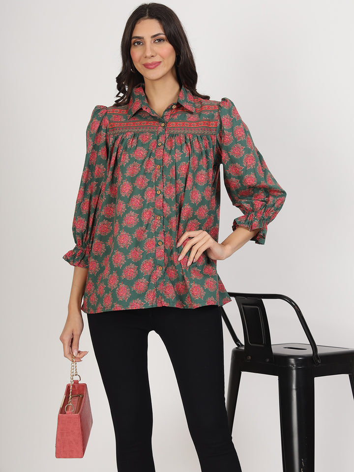 Ethnic Green Cotton Peplum Fit Collar Neck Top For Women