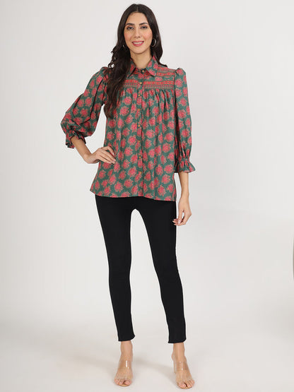 Ethnic Green Cotton Peplum Fit Collar Neck Top For Women