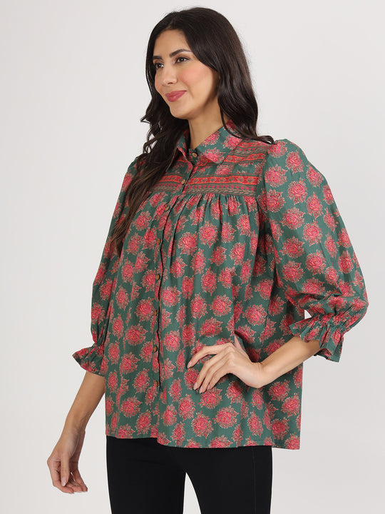 Ethnic Green Cotton Peplum Fit Collar Neck Top For Women