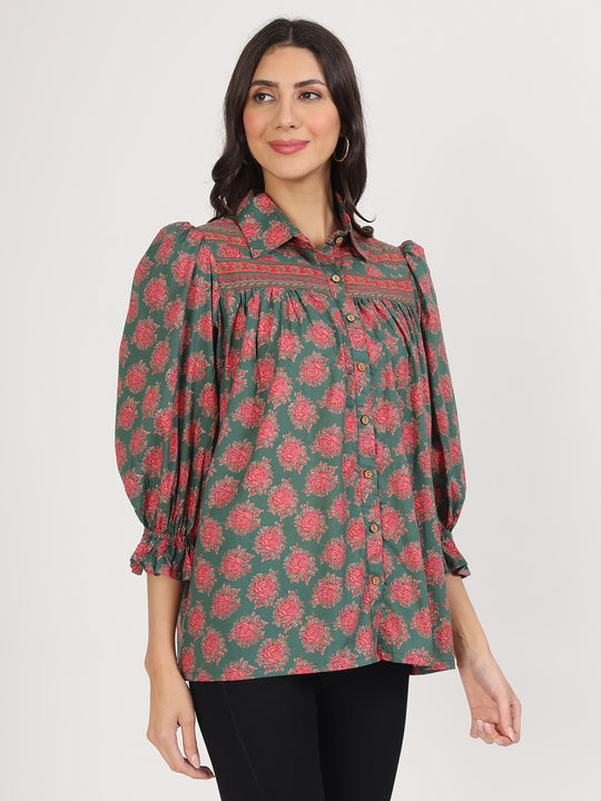 Ethnic Green Cotton Peplum Fit Collar Neck Top For Women