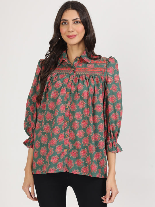 Ethnic Green Cotton Peplum Fit Collar Neck Top For Women