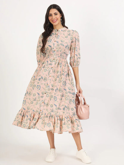 Light Pink Floral Print Knee Length Dress