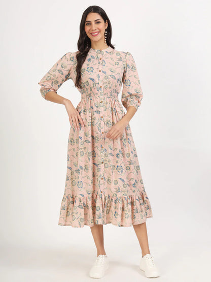 Light Pink Floral Print Knee Length Dress