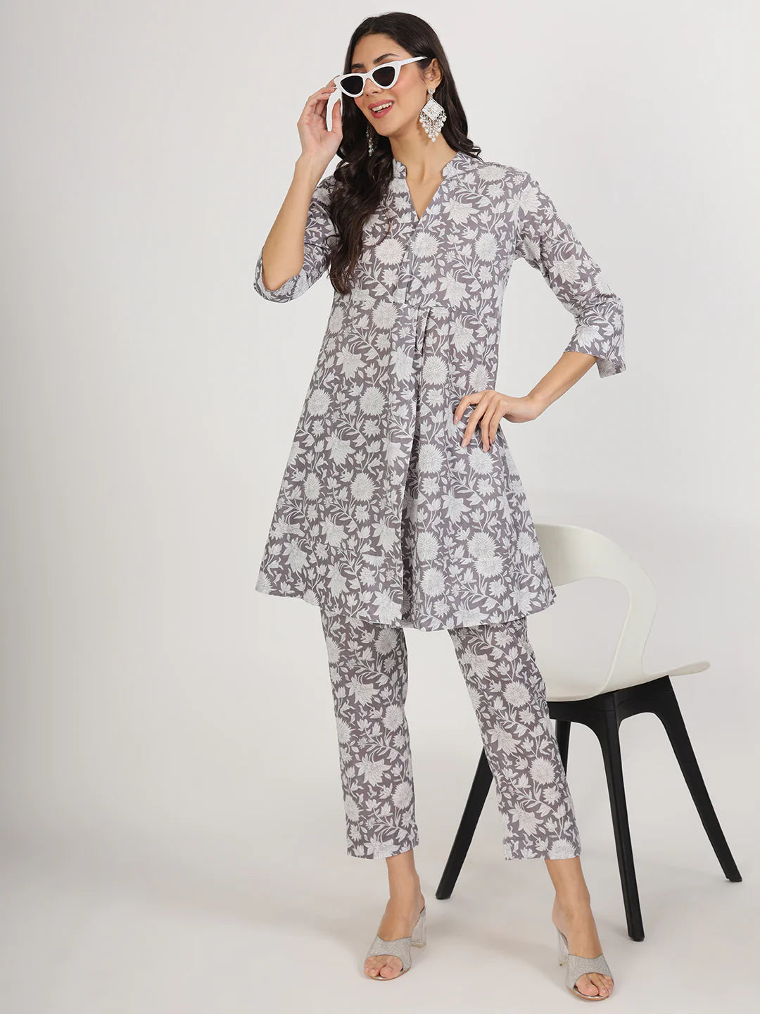 Grey Cotton Floral Print Ethnic Casual Co-ord Set