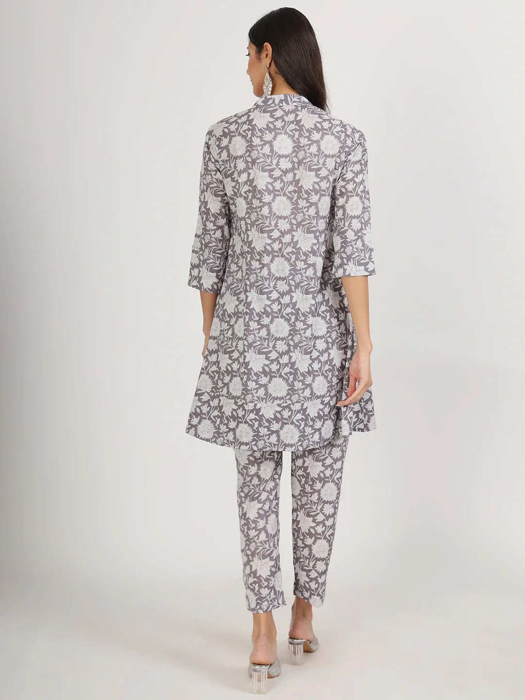 Grey Cotton Floral Print Ethnic Casual Co-ord Set