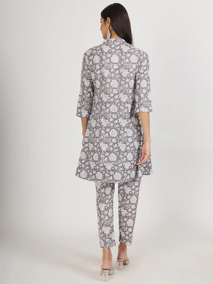 Grey Cotton Floral Print Ethnic Casual Co-ord Set