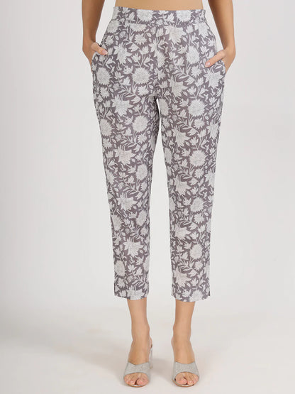Grey Cotton Floral Print Ethnic Casual Co-ord Set