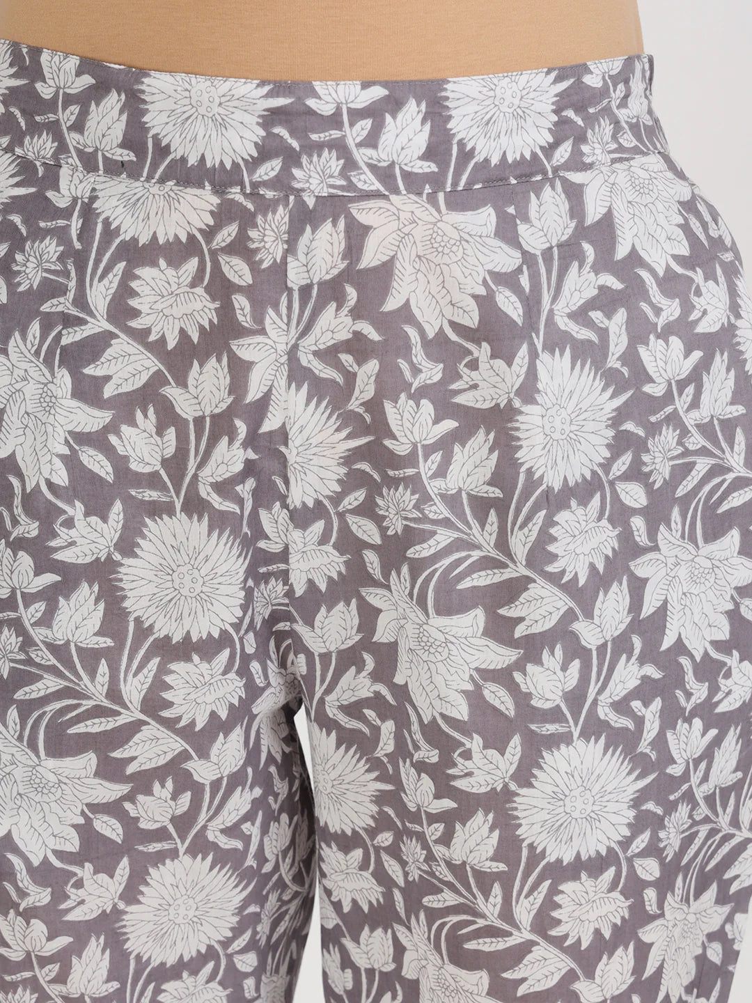 Grey Cotton Floral Print Ethnic Casual Co-ord Set