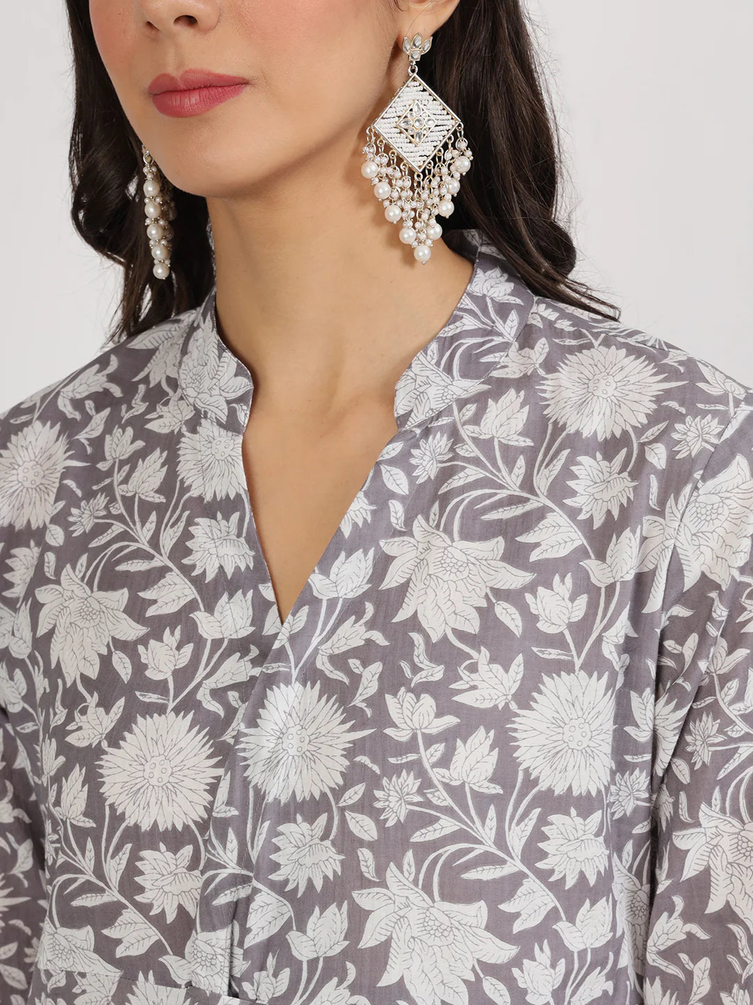 Grey Cotton Floral Print Ethnic Casual Co-ord Set