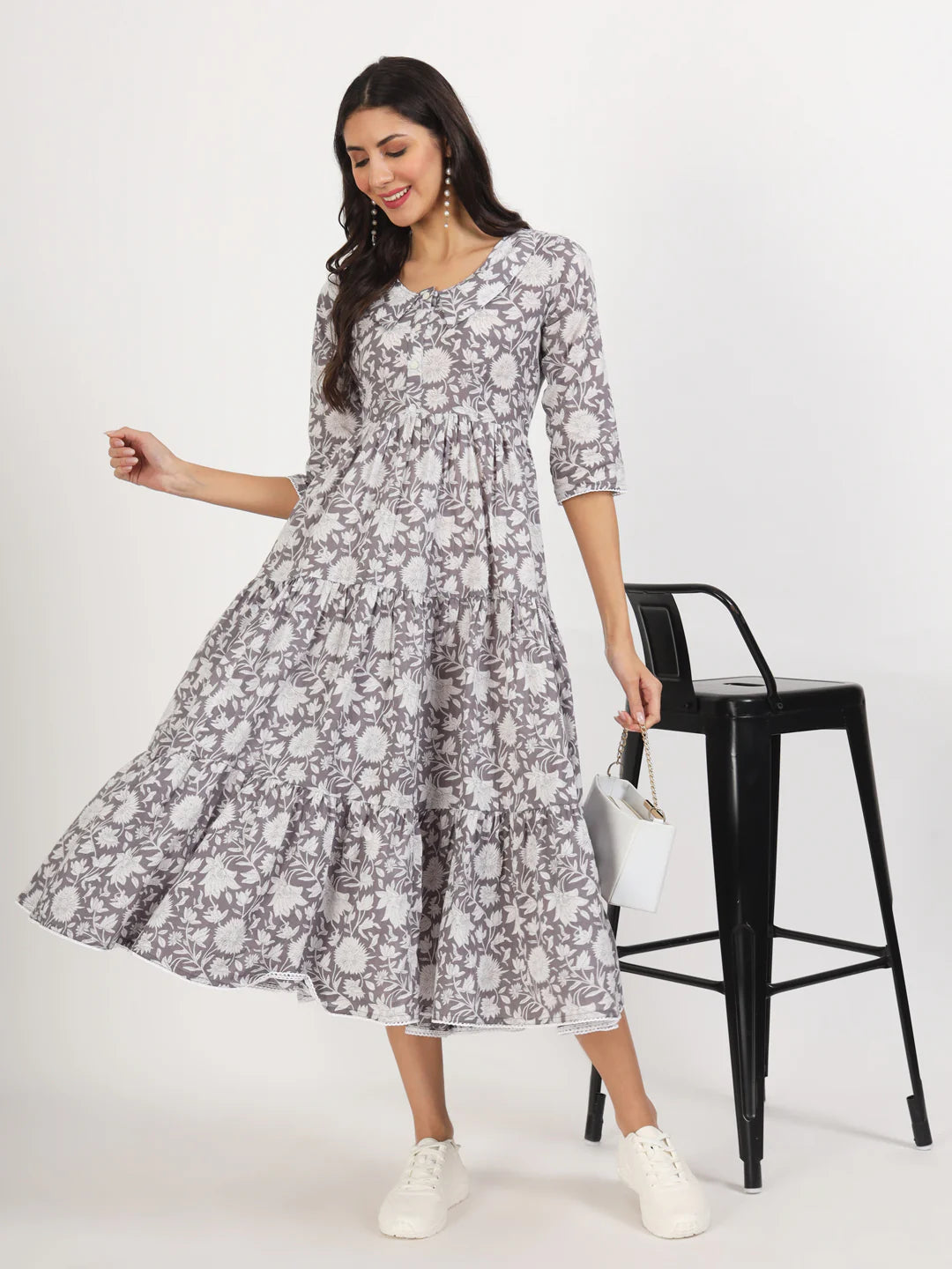 Grey Cotton Floral Print Calf Length Dress
